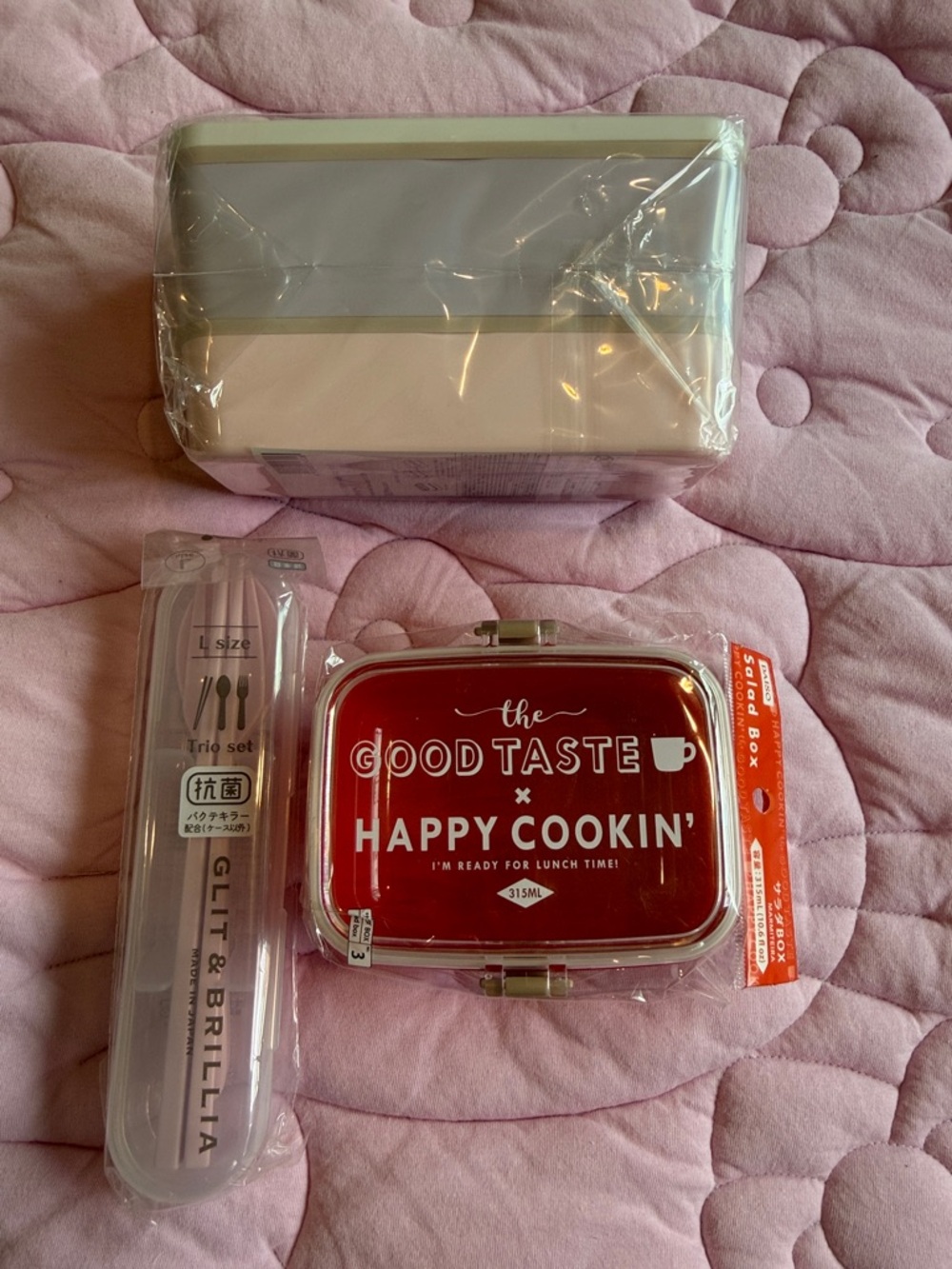 Daiso Red 'Happy Cookin' Bento Box with White and Pink Accessories